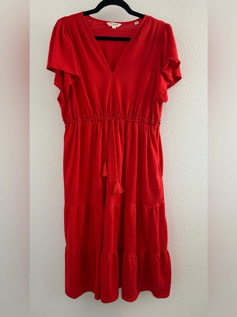 max studio tiered midi dress Max Studio Women's Puff Sleeve Tiered Midi Dress, Washed Red, X-Small at  Amazon Women's Clothing store